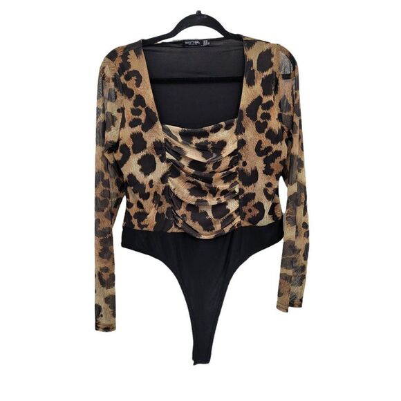 Nasty Gal Bodysuit Leotard Long Sleeve Square Neck Ruched Leopard Brown Sz 14 - Picture 1 of 7